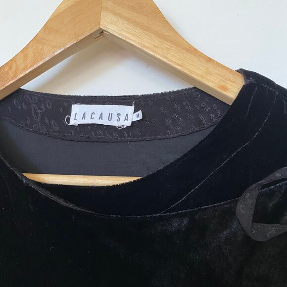 Lacausa Black Velvet Wrap Dress Pockets Long Sleeve Partially Lined Adjustable - Picture 7 of 11